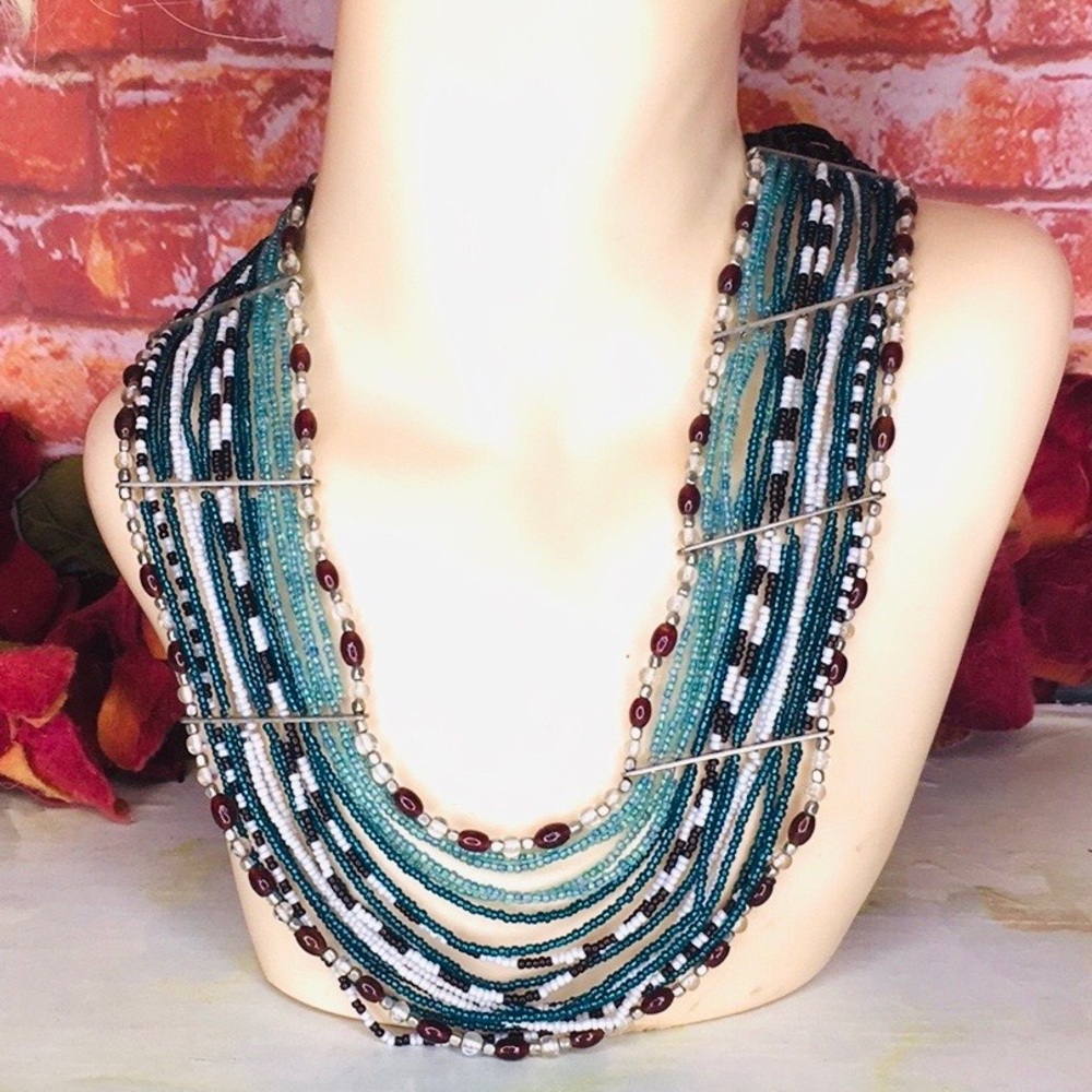 Vintage 90s Blue Multicolor Beaded Tribal Necklace - Picture 5 of 8